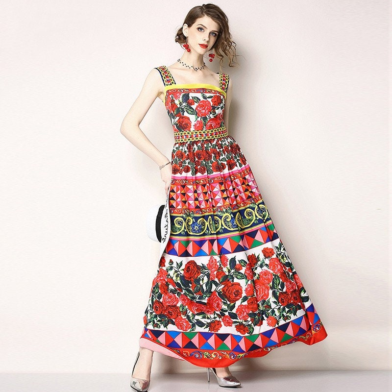 Sicilian Dress, Italian Dress Summer, Beach Print Dress, Bohemian Boho — free download