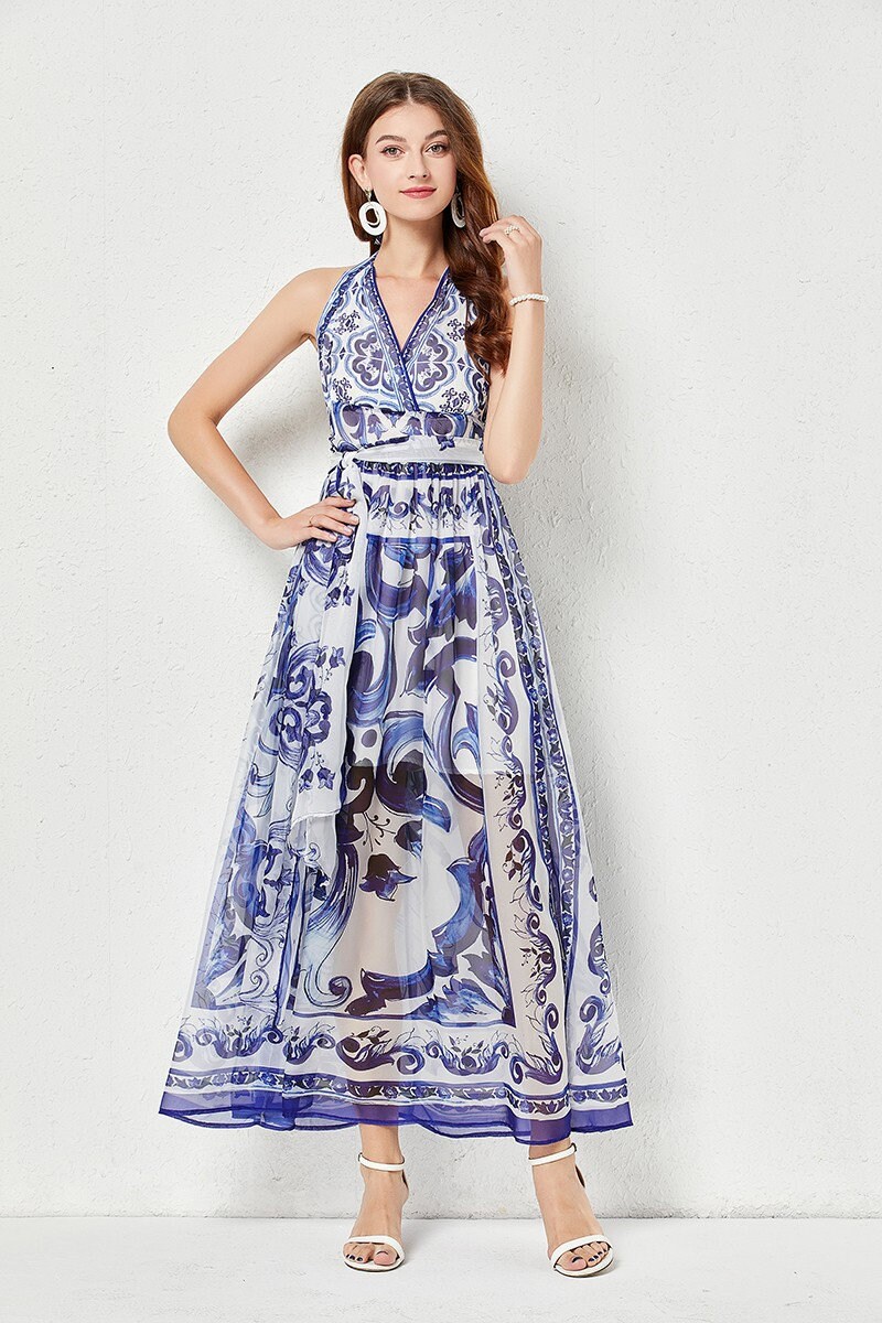 Porcelain Print Dress, Blue White Dress, Italian Dress, Tile Print