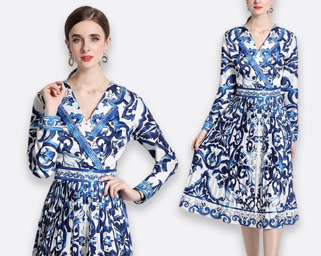 Porcelain Print Dress Midi Dress Wedding Guest Sicilian Etsy