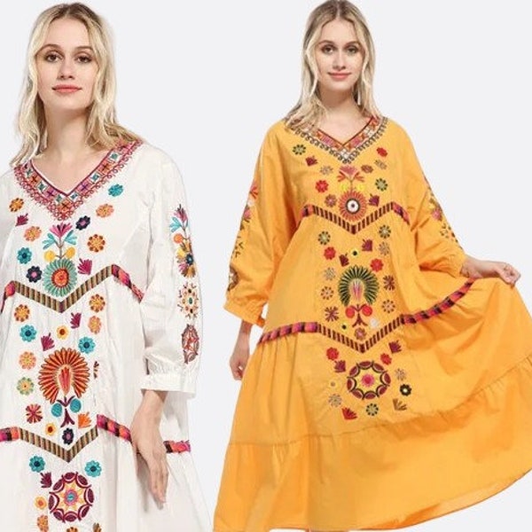 Boho Midi Dress Women Bohemian Dress Floral Casual Loose Robes Short Sleeves Dress V-neck Cotton and Linen Summer Beach Dress for Women