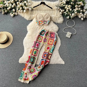 Knitted Beach Two Pieces Suits Women Strap Mini Camis + Elastic Waist Long Pants Set Streetwear Hollow Out Casual Sets Crochet Pants