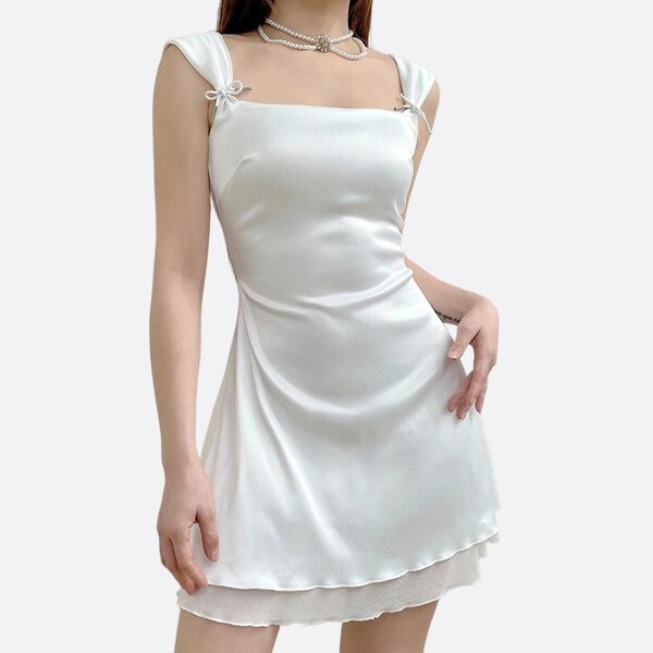 Mini Dress Homecoming, White Mini Dress, Y2K Dress, Y2K Mini Dress, Cocktail Dress Y2K, Tie Strap Mini Dress, Cottagecore Mini Dress