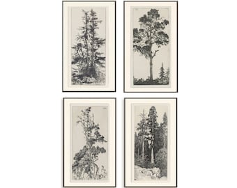 Etching Tree Art Set | Tree Sketch | Tree drawing | Antique sketch |Sophisticated Home Decor | Modern Colonial Art | Printable Art #201-S4
