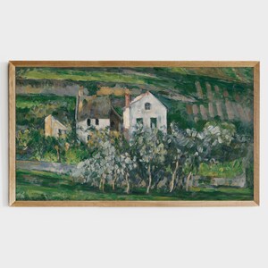 May include: A painting depicting a white house with a thatched roof, surrounded by verdant trees and shrubs. The house is situated against a background of rolling green hills.