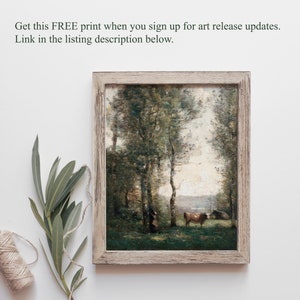 May include: A framed painting of a forest scene with two cows in the foreground. The painting is in a light wood frame and has a rustic feel.
