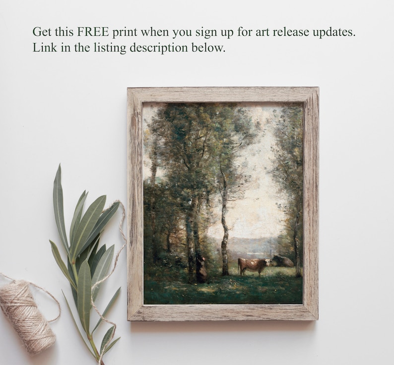 May include: A framed painting of a forest scene with two cows in the foreground. The painting is in a light wood frame and has a rustic feel.