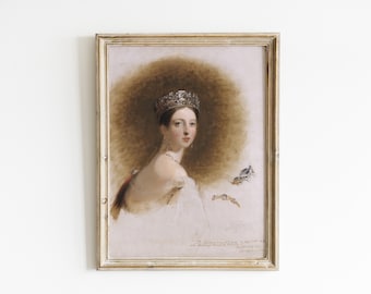 May include: A framed portrait of a woman wearing a crown and a white dress. The portrait is set against a brown background.
