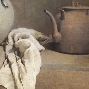 May include: A still life painting of a brown teapot with a spout and a white cloth draped over a table.