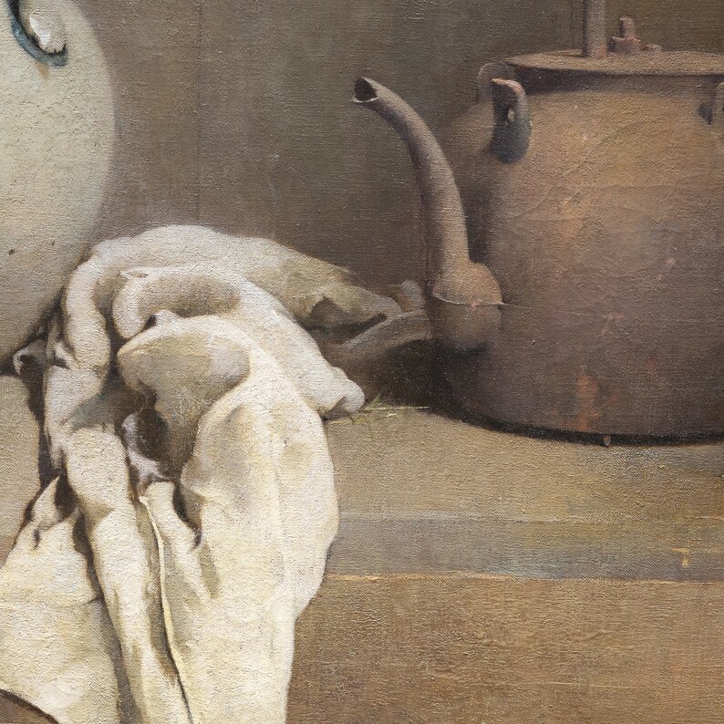 May include: A still life painting of a brown teapot with a spout and a white cloth draped over a table.