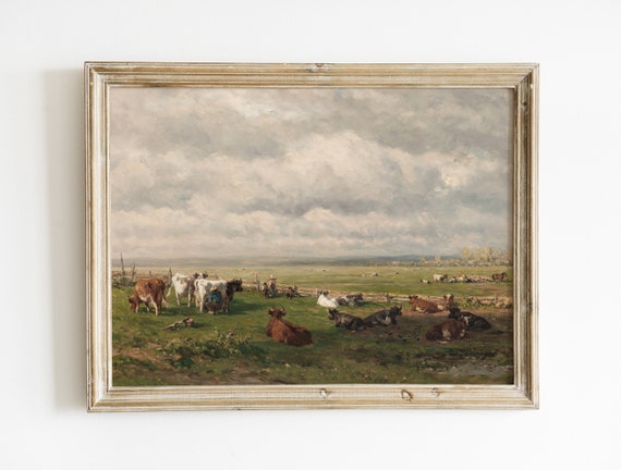 Farmhouse Decor | Spring Landscape Painting | Cottage Decor | Cow Vintage Art | Spring Decor | Calming Art | Cow Print | PRINTABLE Art #116