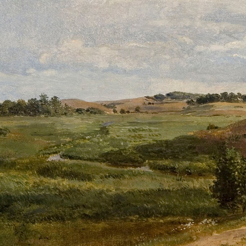 May include: A painting of a landscape with a winding stream running through a grassy field. The sky is cloudy and the hills in the distance are covered in trees.
