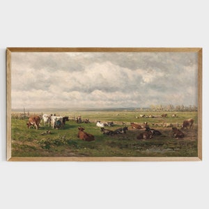 Farmhouse Samsung Frame TV Art File | TV Image File | Farmhouse Wall Art | Meadow Landscape with Cattle Painting | Cottage Decor #116