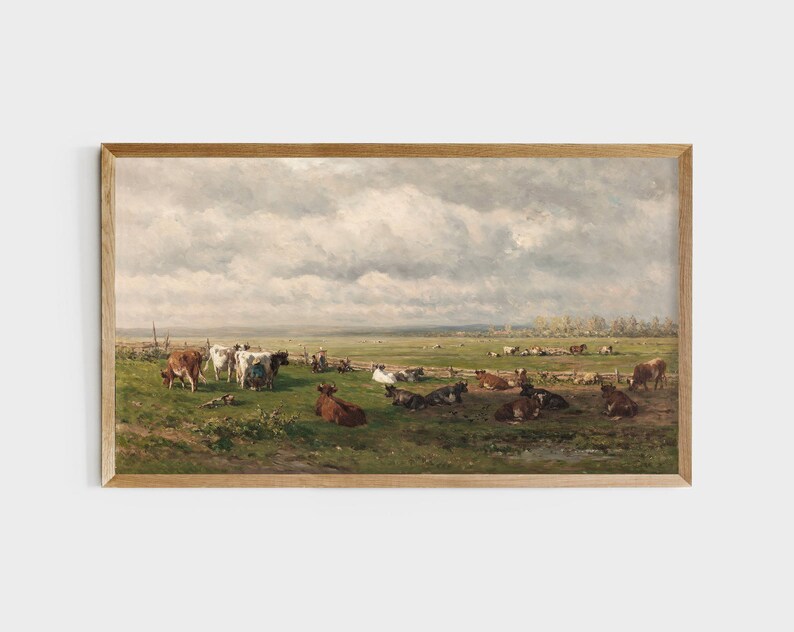 May include: A painting of a rural landscape with a herd of cows grazing in a field. The sky is cloudy and the sun is shining. The cows are brown and white and are scattered throughout the field.