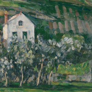 May include: A white house with a small window sits in front of a row of trees. The trees are painted in shades of green and blue, with hints of white. The background is a green hillside with a row of vertical brushstrokes.