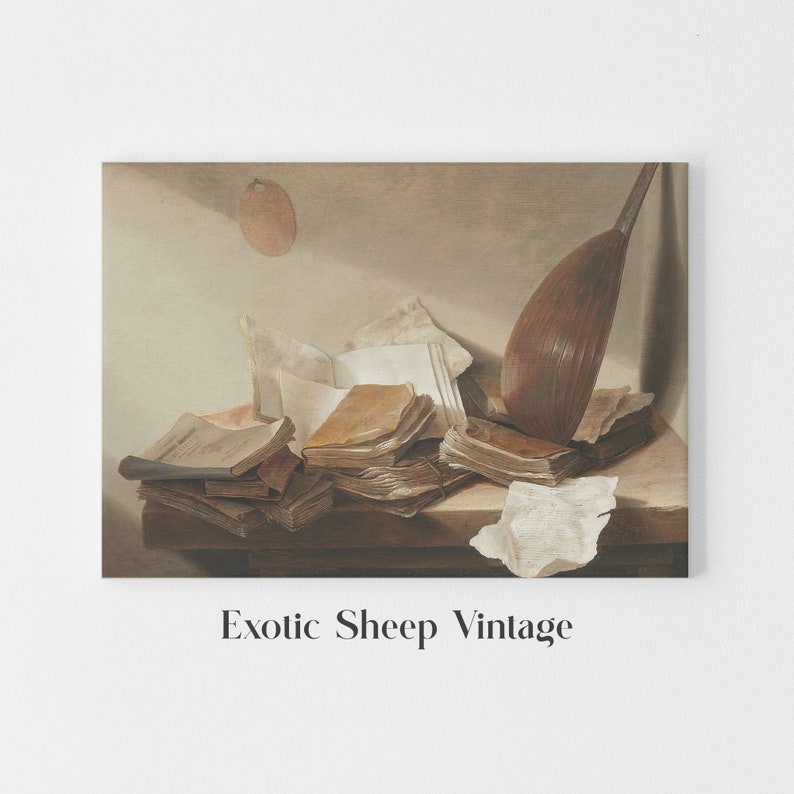 May include: A still life painting featuring a collection of old books and a lute, all arranged on a wooden table. The books are stacked and scattered, with some pages open and others closed. The lute is lying on its side, with its strings visible. The painting is done in a warm, earthy palette, with shades of brown, beige, and cream.