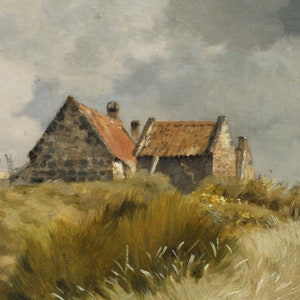 May include: A painting of two small stone houses with thatched roofs, set against a backdrop of a cloudy sky. The houses are partially obscured by tall, green grasses in the foreground.