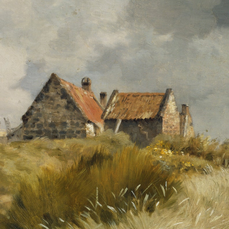 May include: A painting of two small stone houses with thatched roofs, set against a backdrop of a cloudy sky. The houses are partially obscured by tall, green grasses in the foreground.