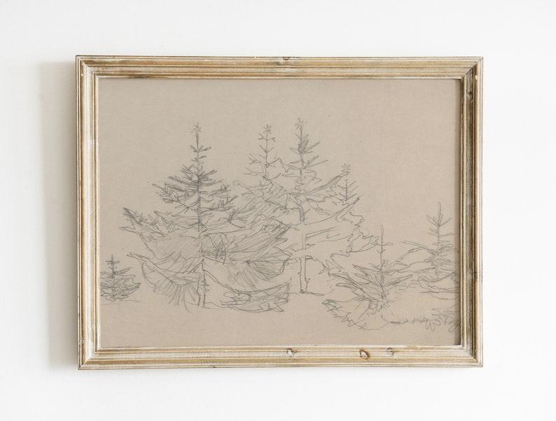May include: A framed pencil drawing of a group of trees in a forest setting. The trees are drawn in a simple, stylized manner, with their branches and leaves forming a delicate pattern. The drawing is done on a light brown paper and is framed in a simple, light wood frame.
