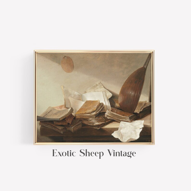 May include: A still life painting of a lute, books, and papers on a wooden table. The lute is brown and has a pearlescent finish. The books are stacked and have worn leather covers. The papers are scattered on the table and some are rolled up.