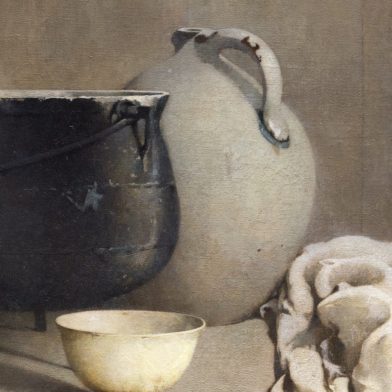 May include: Still life painting of a black cast iron pot, a white ceramic pitcher, and a white ceramic bowl. The objects are arranged on a brown surface.