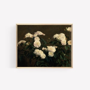 May include: A framed painting of white roses in bloom against a dark brown background. The roses are arranged in a cluster, with their petals open and delicate.
