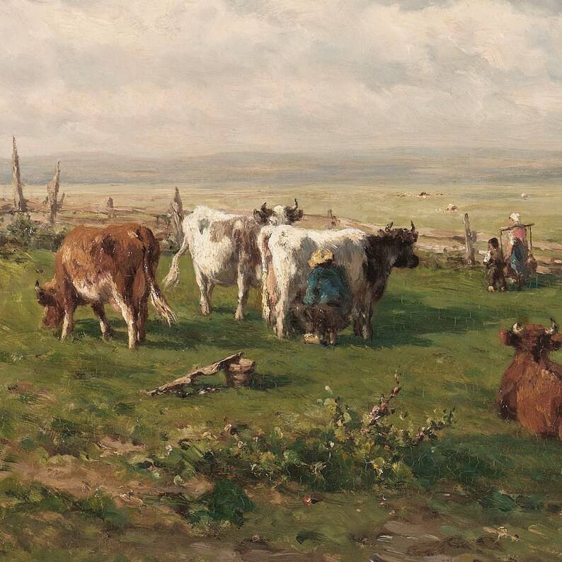 May include: A painting of a rural landscape with cows grazing in a field. The cows are brown and white, and there are people in the background. The sky is cloudy and the grass is green.