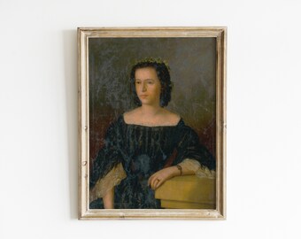 May include: A framed oil painting of a woman wearing a black dress and a wreath of flowers in her hair. The painting has a vintage feel and is set against a dark background.