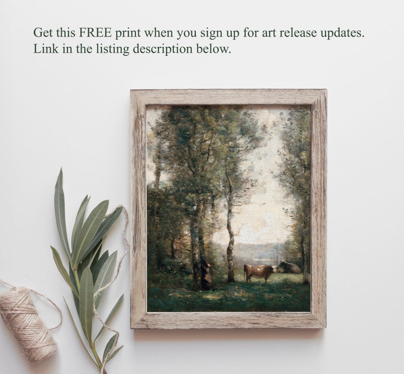 May include: A framed painting of a forest scene with two cows in the foreground. The painting is in a light wood frame and has a rustic feel.