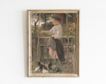 Decoración de la habitación de los niños de la granja / Arte de la pared de la casa de campo francesa / Pintura de la muchacha de la granja / Alimentando pollos / Arte de la sala de juegos vintage / Arte IMPRIMIBLE #50