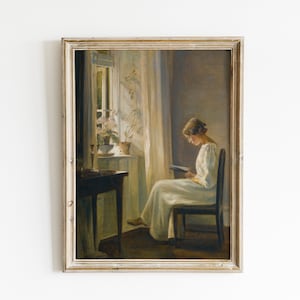 Moody Interior Print | French Farm House Wall Art | Reading Art | Country House Antique Painting | Vintage Woman Print | PRINTABLE Art #121V