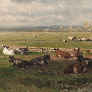 May include: A painting of a grassy field with a herd of cows grazing. The cows are black, white, and brown. The sky is cloudy and the sun is shining.