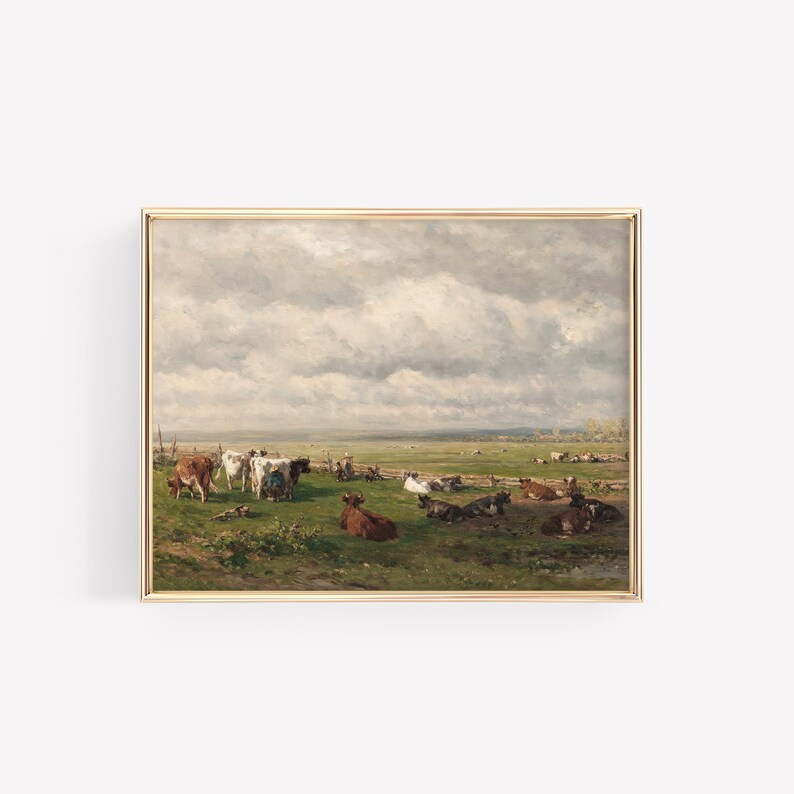 May include: A painting of a rural landscape with a herd of cows resting in a field. The sky is cloudy and the field is green. The cows are brown, white, and black.