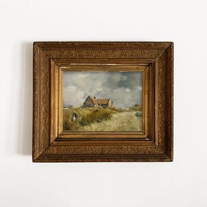 May include: A framed oil painting depicting a rural landscape with two houses, a figure walking with a dog, and a cloudy sky.