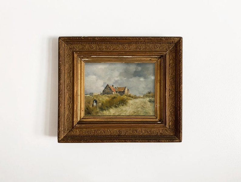 May include: A framed oil painting depicting a rural landscape with two houses, a figure walking with a dog, and a cloudy sky.
