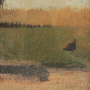 Puede incluir: Una pintura de un p&aacute;jaro en un campo. El p&aacute;jaro es marr&oacute;n y tiene un pico rojo. El campo es verde y hay un &aacute;rea marr&oacute;n en primer plano.