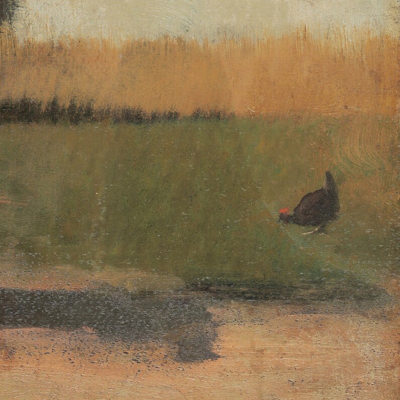 Puede incluir: Una pintura de un p&aacute;jaro en un campo. El p&aacute;jaro es marr&oacute;n y tiene un pico rojo. El campo es verde y hay un &aacute;rea marr&oacute;n en primer plano.