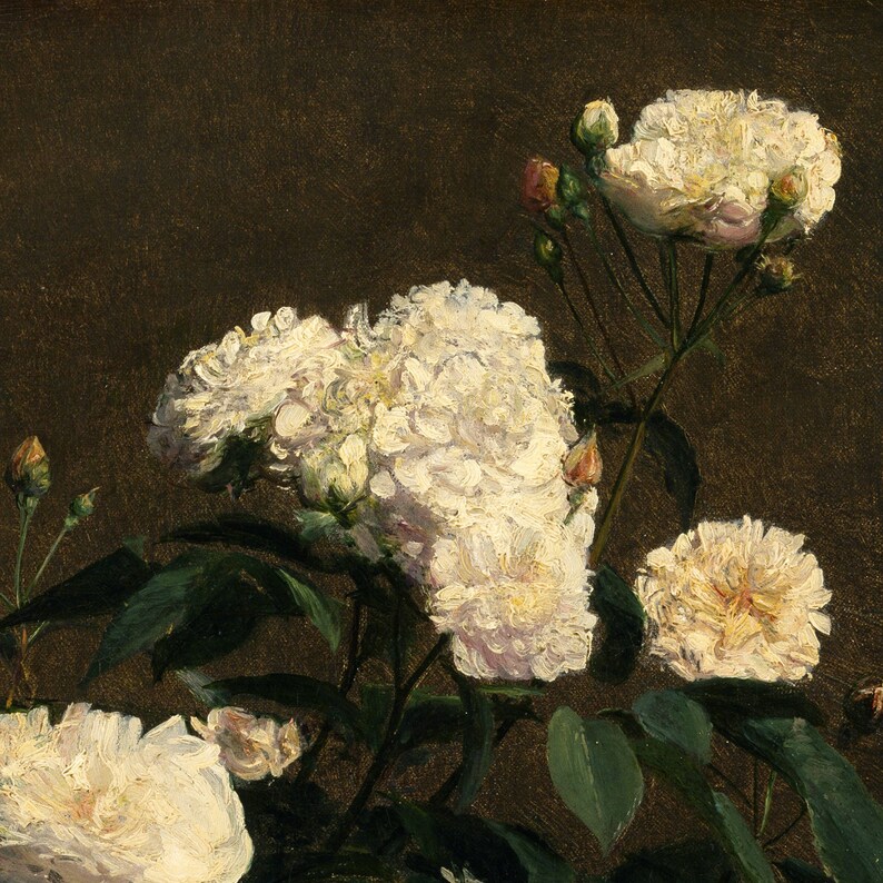 May include: A painting of white roses with green stems and leaves against a dark brown background.