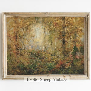 May include: A vintage painting of a forest scene with trees and foliage in shades of green, yellow, and brown. The painting is framed in a light wood frame.