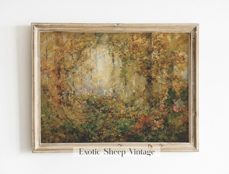 May include: A vintage painting of a forest scene with trees and foliage in shades of green, yellow, and brown. The painting is framed in a light wood frame.