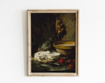 Vintage Kitchen Wall Art | Cheese Prints | Dark Kitchen Art | Still Life Painting | Antique Still Life Art | Cheese Print| PRINTABLE Art #79