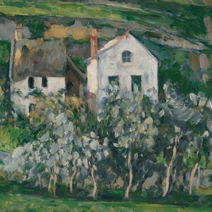 May include: A painting depicting two white houses with green trees in front of them. The house on the left has a thatched roof and the house on the right has a white roof. The houses are set against a backdrop of green hills.