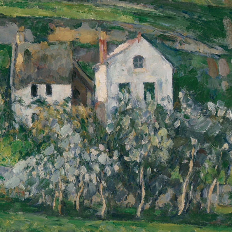 May include: A painting depicting two white houses with green trees in front of them. The house on the left has a thatched roof and the house on the right has a white roof. The houses are set against a backdrop of green hills.