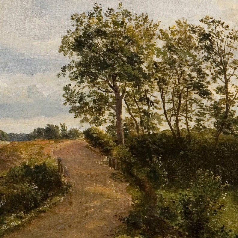 May include: A painting of a dirt road winding through a lush green forest. The road is lined with trees and bushes, and the sky is a soft blue with white clouds.