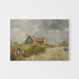 May include: A painting of a rural scene with two stone houses with red tile roofs. The houses are set against a backdrop of rolling hills and a cloudy sky. A lone figure walks along a path in the foreground.