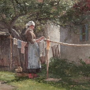 May include: A woman in a white cap and brown dress hangs laundry on a clothesline in a rural setting. The scene is painted in a realistic style with muted colors.