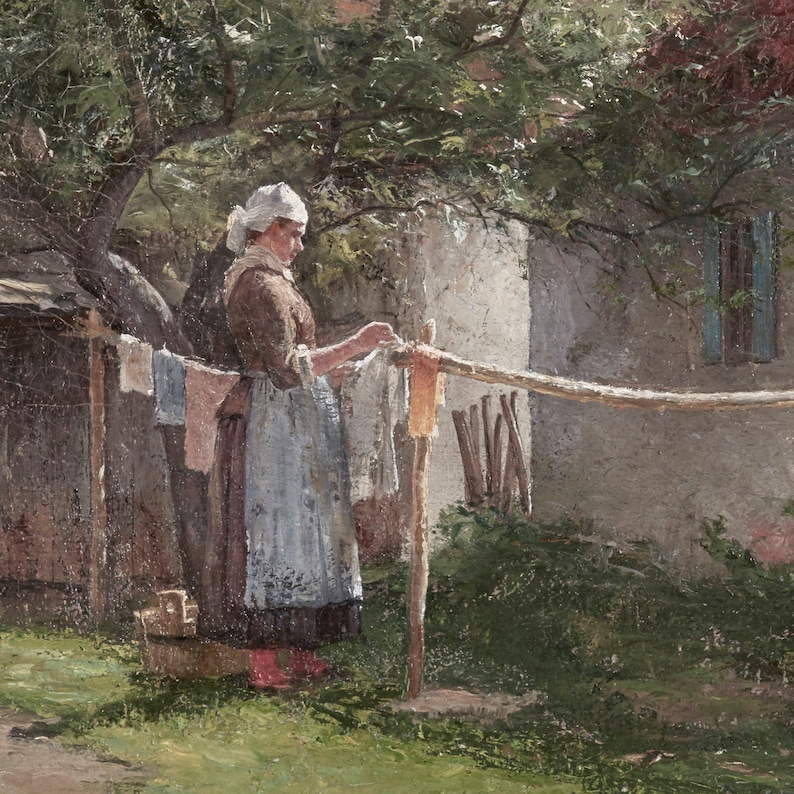 May include: A woman in a white cap and brown dress hangs laundry on a clothesline in a rural setting. The scene is painted in a realistic style with muted colors.