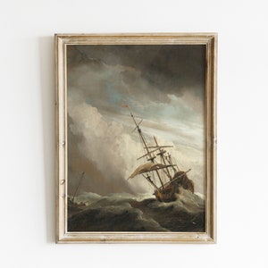 May include: A framed painting of a ship caught in a storm. The ship is partially submerged in the water, with its sails billowing in the wind. The sky is dark and stormy, with clouds swirling overhead. The painting is done in a realistic style, with a focus on detail.