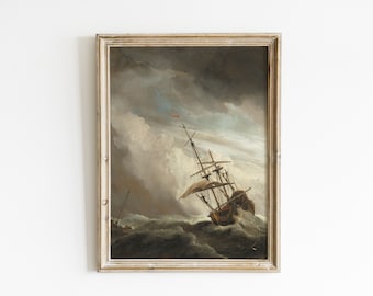 Ship on the High Seas Painting | Gust Oil Painting | Marine Painting | Ocean Print | Coastal Decor | Antique Art | PRINTABLE Art #16
