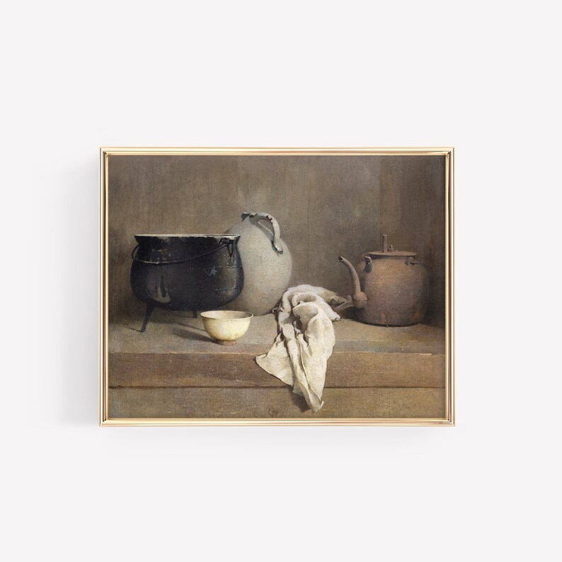 May include: A still life painting of a black pot, a white ceramic pitcher, a copper teapot, and a white bowl on a wooden table. The objects are arranged in a simple, elegant way, and the painting is done in a realistic style.