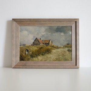 May include: A framed oil painting depicting a rural landscape with a small cottage in the distance. The scene is set in a field of tall grass with a single figure walking in the foreground. The sky is overcast with dark clouds.